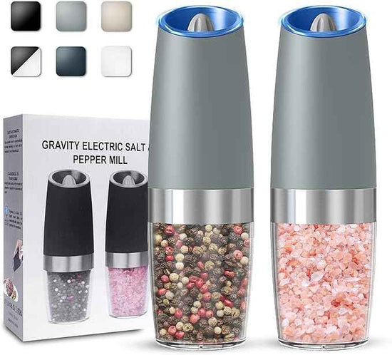 Gravity Electric Salt and Pepper Grinder set of 2, Automatic Salt And Pepper Grinder Set, Adjustable Roughness, Battery Powered, LED Light, 2 Pack, (Light Grey)
