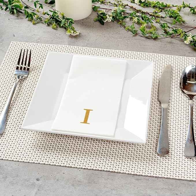Luxenap 15.8 X 7.9 Inch Linen-Feel Guest Towels, 50 Lettered Hand Towels - Gold Letter 'I', Sans Serif Font, White Paper Dinner Napkins, airlaid, For Restrooms And Tables