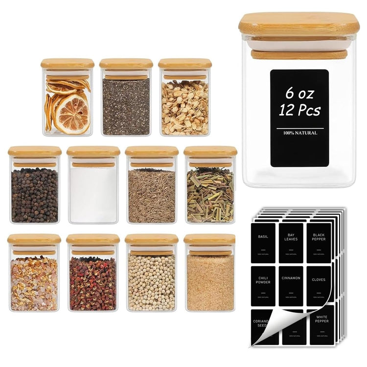 Glass Spice Jars with Labels 6 oz 12 Pack Small Square Bamboo Lids (12 Count)