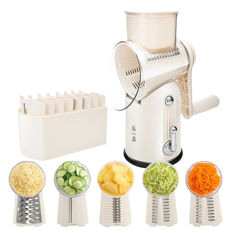 Rotary Cheese Grater Manual Hand Crank with 5 Blades & Suction Base
