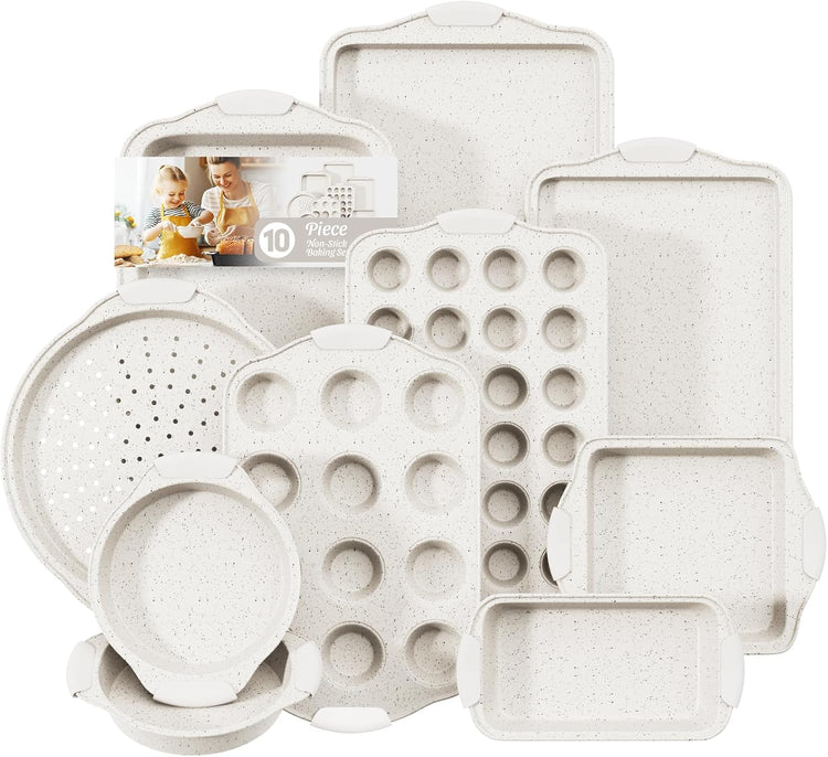 10-Piece Kitchen Nonstick Stackable Bakeware Set, Non Toxic Bakeware Sets with Silicone Handles, Includes Cookie Sheets, Cake Pan, Loaf Pan, Pizza Pan, Muffin Pan, White