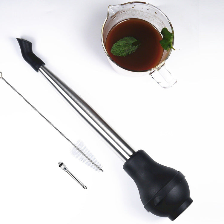 4-in-1 Stainless Steel Turkey Baster Set With Meat Marinade Injector Silicone Infuser & Cleaning Brush
