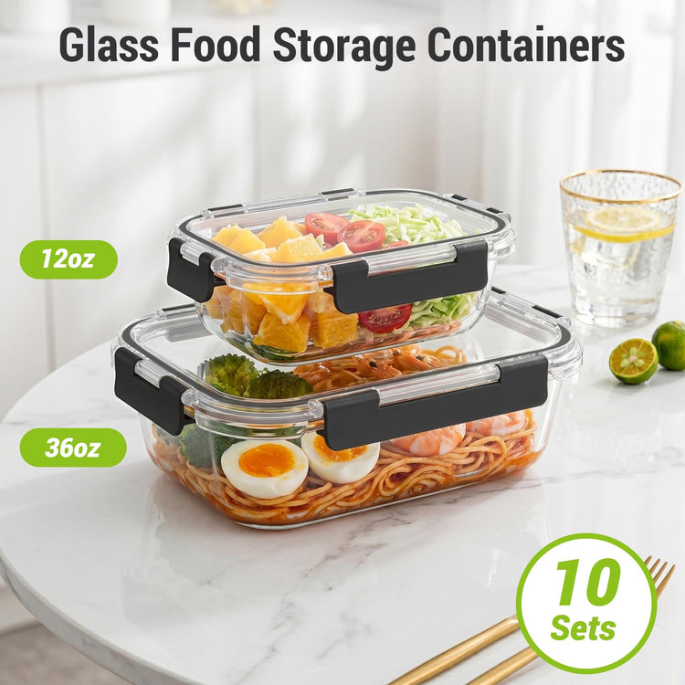 10 Sets 36 oz & 12 oz Glass Food Storage Containers with lids (Black)