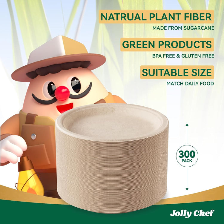 JOLLY CHEF Compostable Heavy Duty Plates 9 Inch [300 Pack] Eco-Friendly Disposable Natural Paper Plates Bagasse Biodegradable Bulk for Party Dinner Sugarcane Fibers Round 300 Count(Brown)