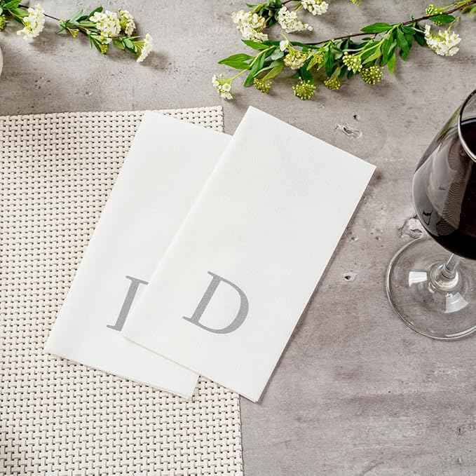 Luxenap 15.8 X 7.9 Inch Linen-Feel Guest Towels, 50 Lettered Hand Towels - Silver Letter 'D', Sans Serif Font, White Paper Dinner Napkins, airlaid, For Restrooms And Tables - Restaurantware