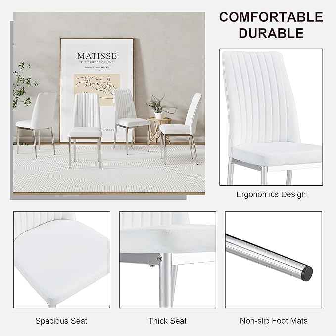 White Modern Dining Chairs Set of 6 PU Leather Armless Upholstered Chair for Dinner Room, Waiting Room
