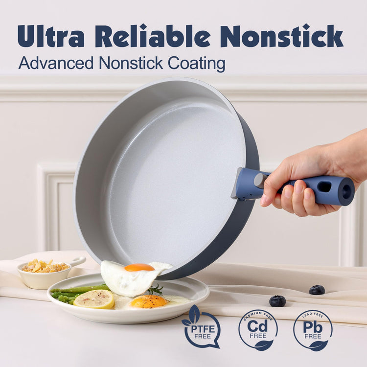17 Piece Ceramic Detachable Handle Pots and Pans Set Navy