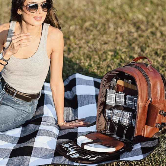 Premium Collection Genuine Leather Picnic Backpack for 4 with Insulated Compartment, Blanket, Stainless Steel Cutlery, Plates, Glasses, Luxury Gift for Men & Women, Outdoor Dining, Brown