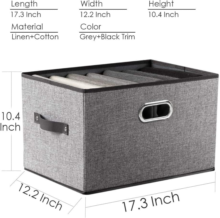 PRANDOM Larger Collapsible Storage Bins for Closet [3-Pack] Decorative Linen Fabric Storage Baskets Cubes with Leather/Metal Handles for Living Room Cloth Grey and Black Trim (17.3x12.2x10.4 Inch)
