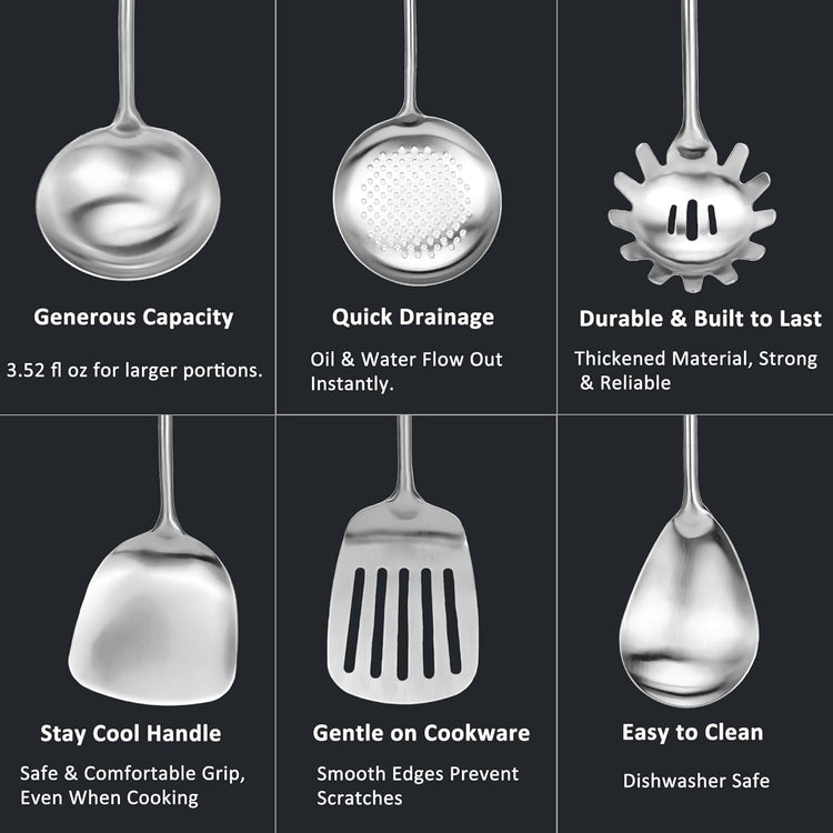 304 18/10 Stainless Steel Kitchen Utensils Set 9 Pcs Long Cooking Utensil, Spatula, Soup spoon, Leaking shovel, Ladle, Tunner, Pasta Server, Meat Fork Kitchen Tools Set (9 Pieces Set)