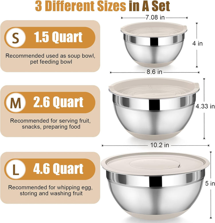 P&P CHEF Mixing Bowl with Lids Set of 3, Stainless Steel Nesting Salad Bowls for Serving Preparing, 3 Grater Attachments & Non-Slip Bottoms, Size 1.5/2.6/4.6 QT, Khaki