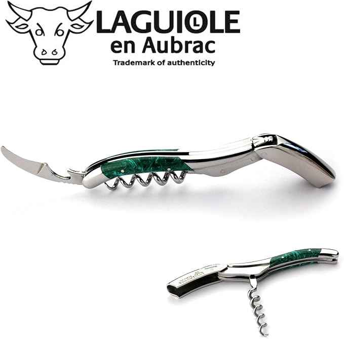 Laguiole en Aubrac corkscrew sommelier waiters knife 3 functions SOM99PMI malachite handle, stainless steel shiny