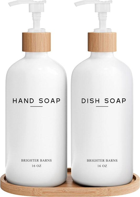 White Glass Hand and Dish Soap Dispenser Set by Brighter Barns - Kitchen Soap Dispenser Set with Tray - Glass Bottles for Kitchen Sink - Housewarming Gift, Countertop Decor, Boho Home Decor (White)