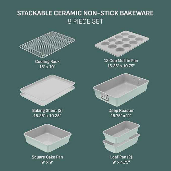 T-fal Refresh Ceramic Nonstick Baking Pans Set (8 Pc), Roaster, 12-Cup for Muffins, Loaf Trays, Baking Sheets Non Stick, Cooling Cooking Rack, Stackable Bakeware Set, Mint Green