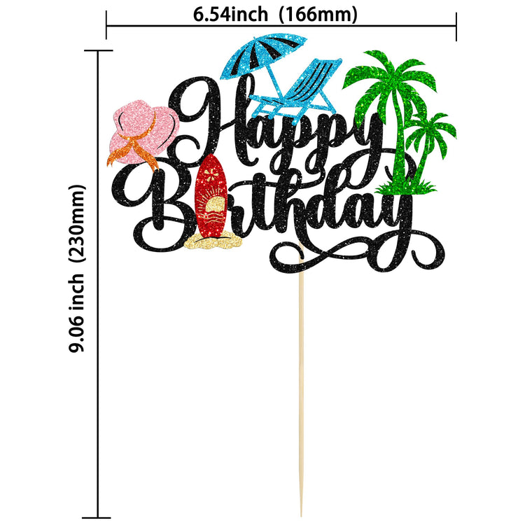 1Pcs Summer Beach Happy Birthday Cake Topper Glitter Ball Tree Umbrella Pool Cake Pick for Hawaiian Holiday Baby Shower Birthday Party Cake Decorations Supplies Black