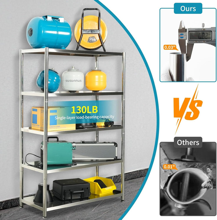 susunnus 5-Tier Stainless Steel Shelf, Heavy Duty Shelving for Kitchen, Garage, Industrial Storage, Kitchen Shelves Adjustable Feet, Easy to Clean (5T-35.8in*15.8in(Without guardrails))