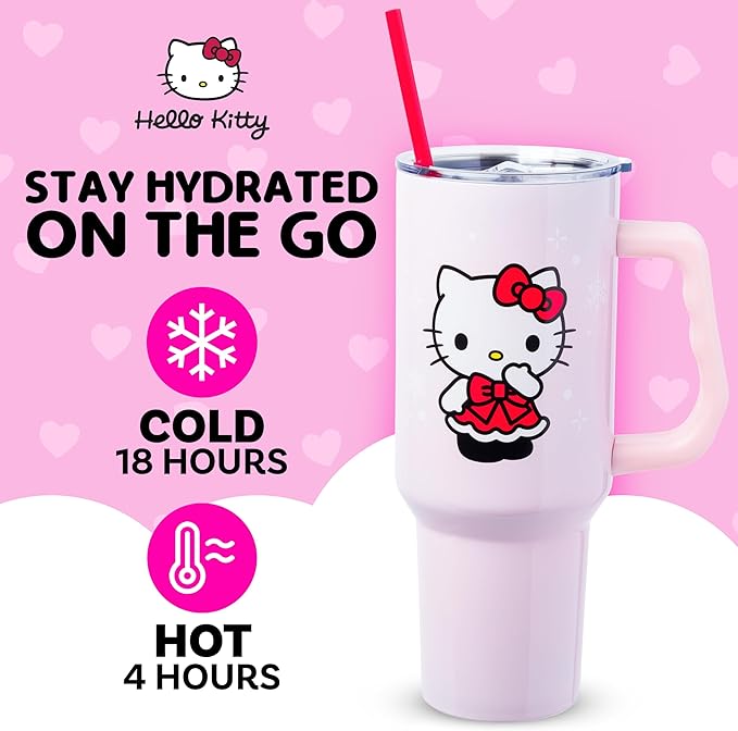 Silver Buffalo Sanrio Hello Kitty Christmas Holiday Dress and Matching Bow Snowflakes Double Walled Stainless Steel Tumbler with Handle and Straw, Fits in Standard Cup Holder, 40 Ounces