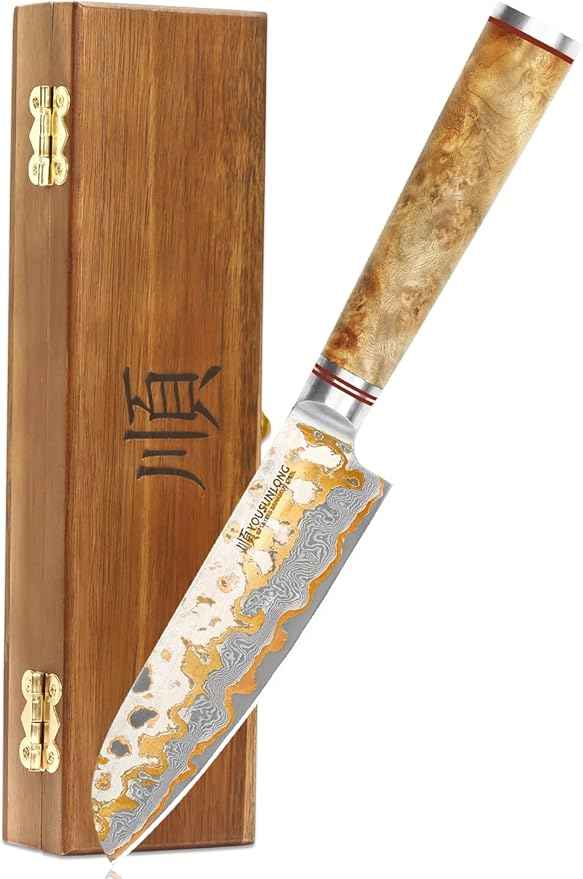 YOUSUNLONG Santoku Knife 5 Inch - Handmade Japanese Chef's Knife Copper Damascus Steel Blade - Ultra Sharp Asian Knife - Natural Walnut Wooden Handle with Acacia Wood Box