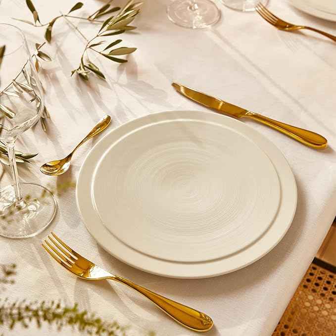 DEGRENNE Bahia French Dinner Plate Set - Luxury Stoneware Dish Set for 4, Modern Ceramic Dishware for Kitchen, Made in France, Microwave Safe, Dishwasher Safe, 10” - Dune