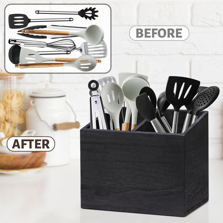 Wooden Kitchen Utensil Caddy With 2 Compartments