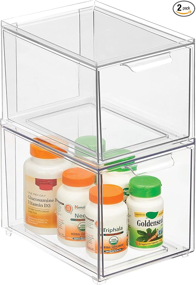 mDesign Plastic Bathroom Organizer Bin w/Pull Out Drawer - Slim Stackable Storage Container for Bathroom Accessories - Perfect for Organizing Bathroom Cabinet - Lumiere Collection - 2 Pack - Clear