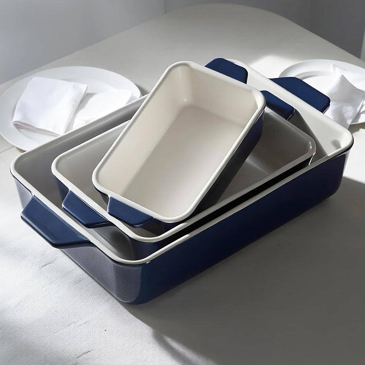 Kook Casserole Dish, Ceramic Baking Dish, Large Lasagna Pan Deep for Oven, 8.5 x 14, 11 x 7, 8 x 5, Set of 3, 92oz, 50oz, 20oz, Baking Pan with Handles, Oven Safe and Durable, Home, Gift, (Navy)