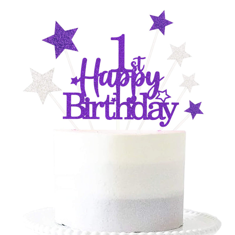 Purple Silver 1st Birthday Cake Topper with Glittery Stars (7 Count)