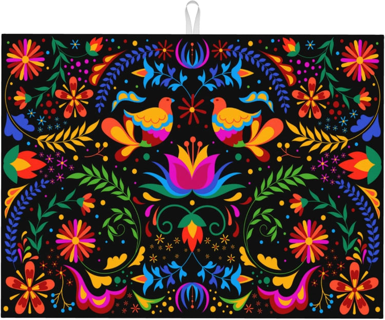 Mexican Flower Microfiber Dish Drying Mat for Kitchen Counter Mexican Dishes Pad Black Dish Drainer Rack Mats 18"x24" Absorbent Washable Reusable