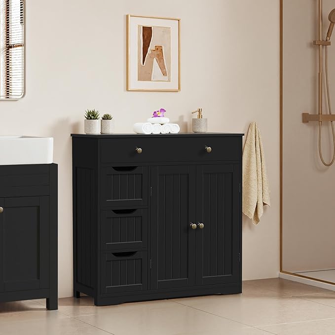 Yaheetech Bathroom Floor Cabinet, Large Storage Cabinet with 4 Drawers & 2 Doors, Free-Standing Cupboard for Kitchen, Bathroom, Entryway, Black