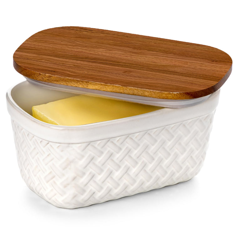 Ceramic Butter Dish Embossed Butter Keeper with Wood Lid for Countertop
