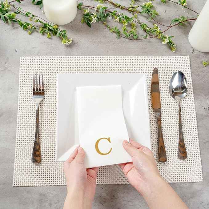 Luxenap 15.8 X 7.9 Inch Linen-Feel Guest Towels, 50 Lettered Hand Towels - Gold Letter 'C', Sans Serif Font, White Paper Dinner Napkins, airlaid, For Restrooms And Tables - Restaurantware