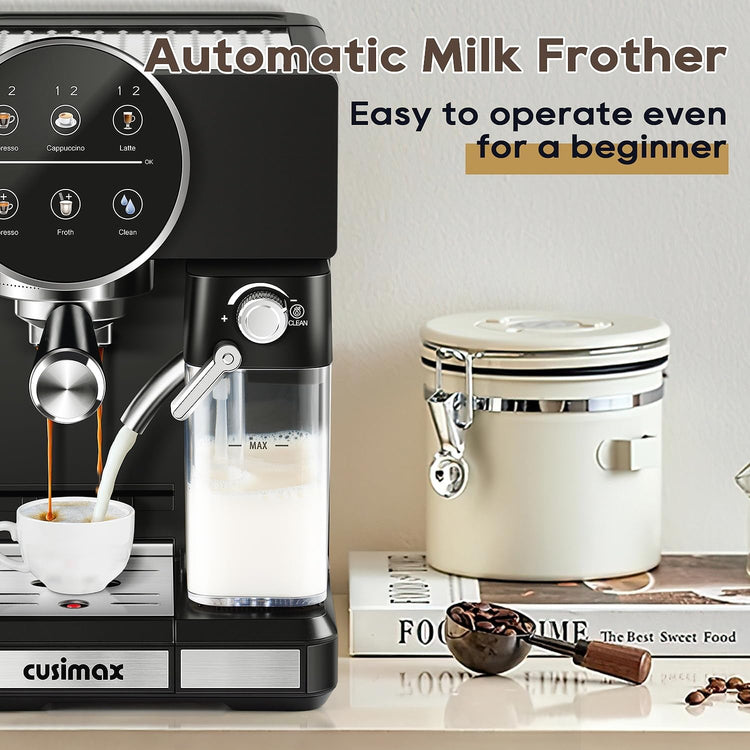 CUSIMAX Espresso Machine for Home, 20 Bar Expresso Coffee Machine,One-touch Control,Automatic Milk Frother,Compact Black Stainless Steel Cappuccino Machine,Ideal for Offices and Homes