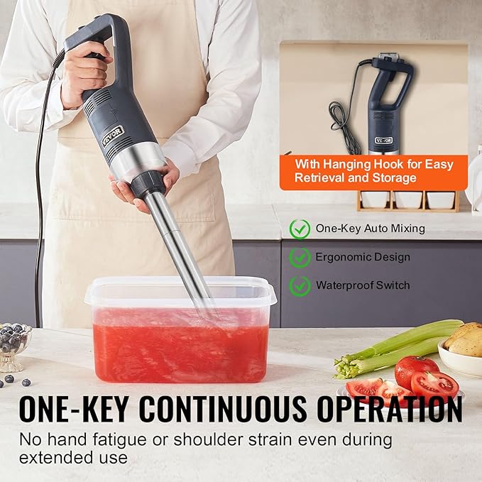 VEVOR Commercial Immersion Blender, 500W Heavy Duty Hand Mixer, 16 inch Stepless Variable Speed Mixer with Stainless Steel Blade, Multi-Purpose Portable Mixer for Soup, Sauces, Mashed Potatoes, Cream