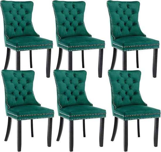 Green Velvet Dining Chairs Set of 6, Upholstered Dining Room Chairs with Back Ring Pull Trim and Solid Wood Legs, Tufted Wingback Kitchen Chairs for Dining Room,Living Room,Kitchen(Green)