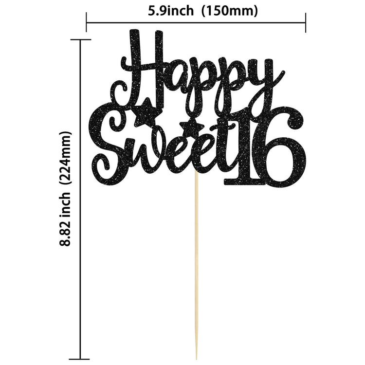 1Pc Happy Sweet 16 Cake Topper Glitter 16th Birthday Cake Pick for Cheers to 16 Years Old 16th Birthday Party Cake Decorations Supplies Black
