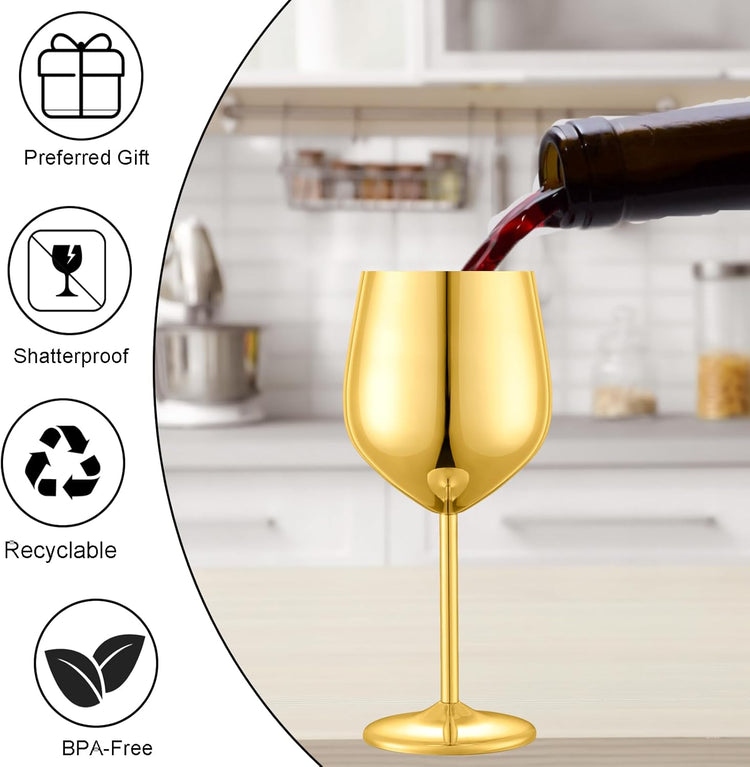 Stainless Steel Wine Glasses Set of 2, 18 oz Unbreakable Gold Wine Glass Unique Metal Wine Goblets for Outdoor Capming and Pool Gift for Wine Lovers