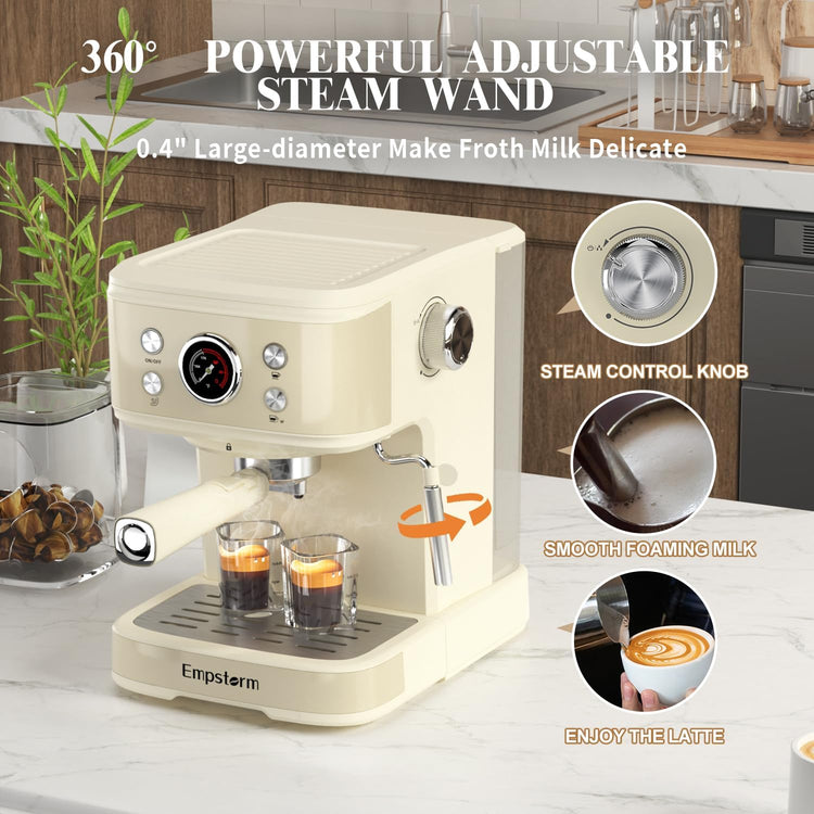 Espresso Machine 20 Bar, 2 in 1 Espresso Maker with Milk Frother Steam Wand for Latte and Cappuccino, Powder and Capsule Portafilter, 50oz Removable Water Tank Coffee Machine for Home-White
