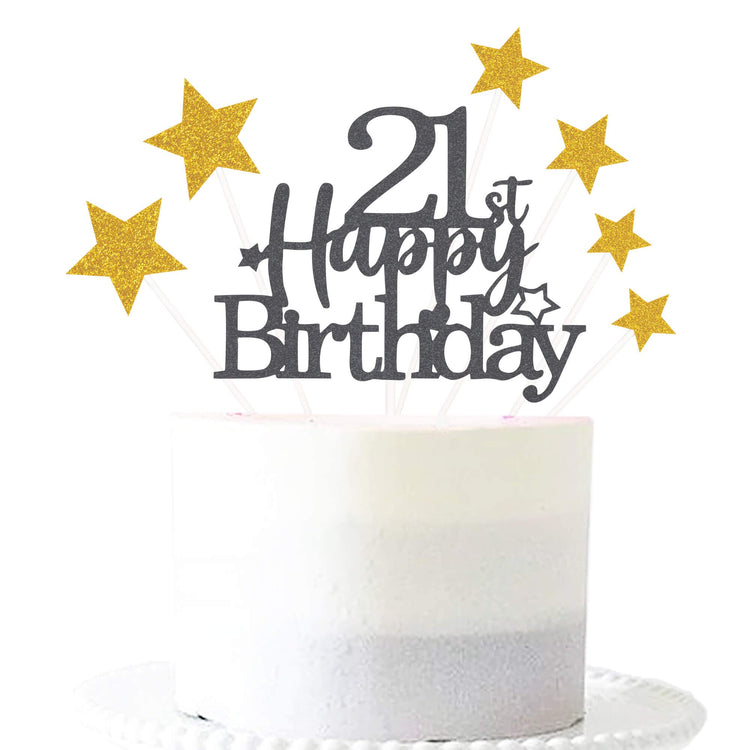 Black Gold 21st Birthday Cake Topper with Glittery Stars (7 Count)