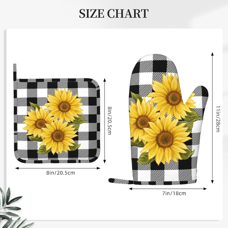 Sunflower Black White Buffalo Plaid Oven Mitts and Pot Holders Sets Silicone Yellow Floral Lumberjack Check Kitchen Mitts Potholders Heat Resistant 4Pcs Oven Gloves Hot Pads for Kitchen
