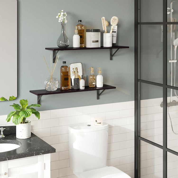 DINZI LVJ Long Wall Shelves, 23.6 Inch Wall Mounted Shelves Set of 2, Easy-to-Install, Wall Storage Ledges with Sturdy Metal Brackets for Living Room, Bathroom, Bedroom, Kitchen, Espresso