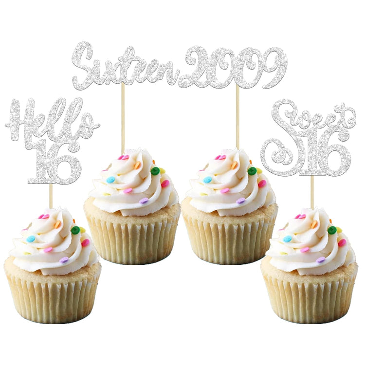 Gyufise 24Pcs 16th Birthday Cupcake Toppers Silver Glitter Hello 16 Sweet 16 Cupcake Picks 2009 16th Birthday Cake Decorations for Celebrating 16th Birthday Anniversary Party Supplies