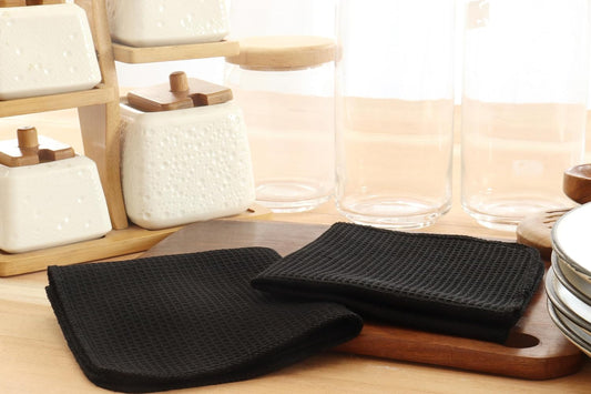 PurpleEssences Dish Cloths and Dish Rags - 6 Pack Waffle Weave Solid Kitchen Dish Wash Cloths, 100% Cotton, 12 x 12 Inches, Ultra Soft Absorbent Quick Drying - Spring Summer - Black - Nestoria