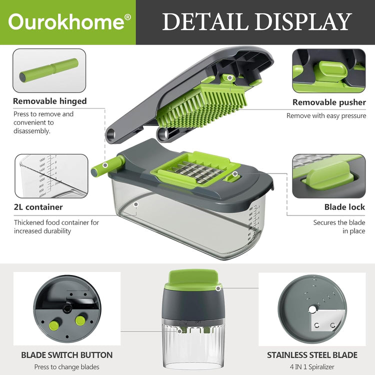 Ourokhome Onion Chopper Dicer with Container, Manual Food Cutter with Handheld Veggie Spiral, Hand Vegetable Mandolin slicer for Potato, Tomato, Carrot, Essential Kitchen Gadget (6 in 1, Gray)