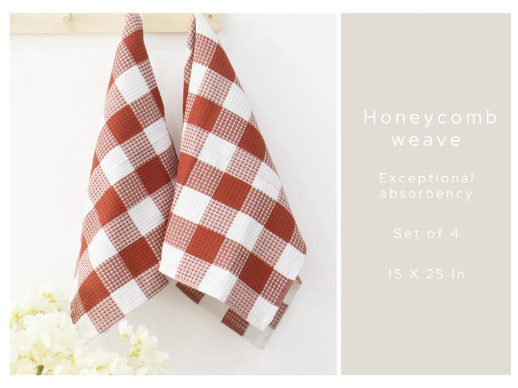 Rust 100% Cotton Waffle Weave Check Plaid Kitchen Towels