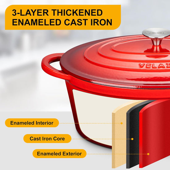 Velaze 7.5 QT Enameled Oval Dutch Oven Pot with Lid, Cast Iron Dutch Oven with Dual Handles for Bread Baking, Cooking, Frying, Non-stick Enamel Coated Cookware (RED) - Nestoria