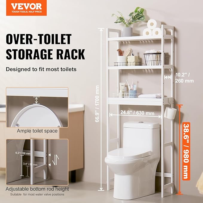 VEVOR Over The Toilet Storage, 3-Tier Adjustable Over Toilet Bathroom Organizer, Bamboo Storage Shelf Rack with 3 Hooks, Freestanding Easy Assembly Laundry Space Saver, Fit Most Toilets