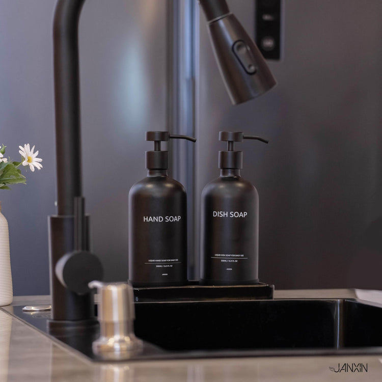 Glass Kitchen Soap Dispenser Set with Ceramic Tray