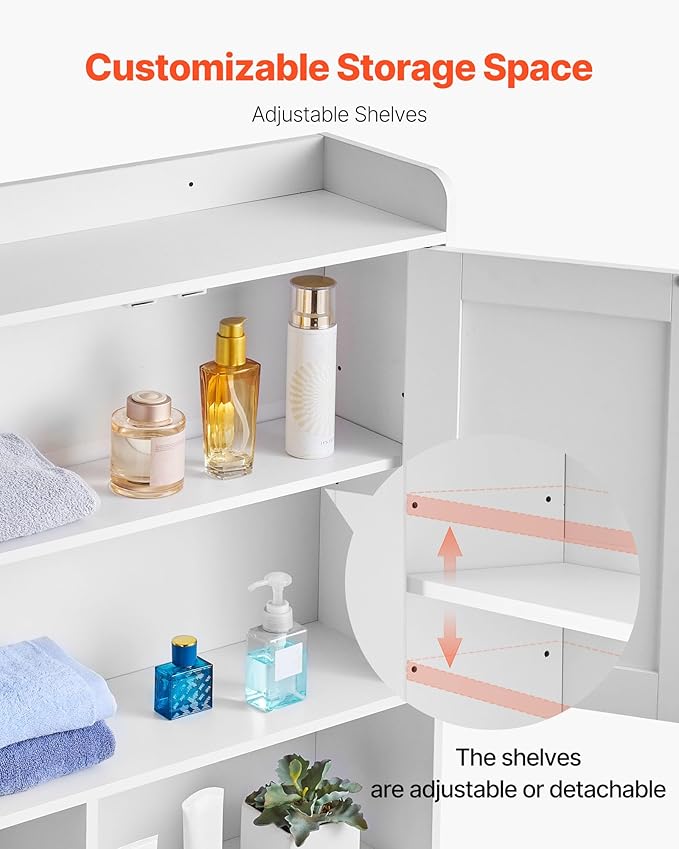 VEVOR Over The Toilet Storage Cabinet, 66.14‘’ Height Bathroom Storage Cabinet Over Toilet with Barn Door and Adjustable Shelf, Bathroom Space-Saving Toilet Rack White Wood with Open Shelf