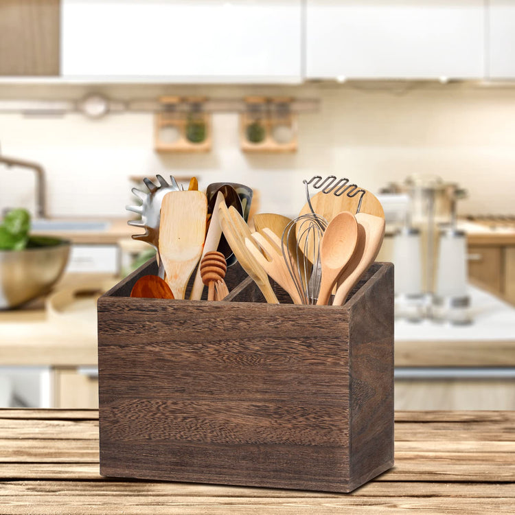 Wooden Kitchen Utensil Caddy With 2 Compartments