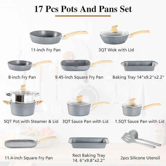 DishDelight 17 Piece Pots and Pans Set Non Stick, Granite Nonstick Cookware Set, Induction Cookware and Bakeware Set, Nonstick Kitchen Cookware Set, Gray